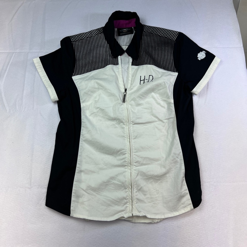 Harley-Davidson Womens Zip Up Shirt Black White Mesh Yoke Graphic Large